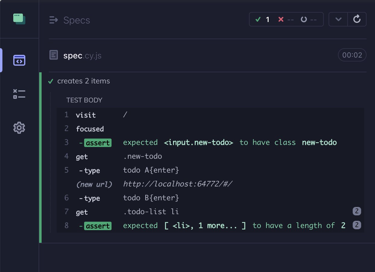 Cypress tests shoing commands and assertions